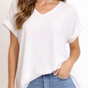 White Sheer Blouse Flowy V Neck Layered Short Sleeve Casual Top L